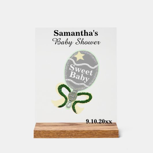 Baby Dusche Silver Yellow Green Rattle Acrylschild (Vorderseite)