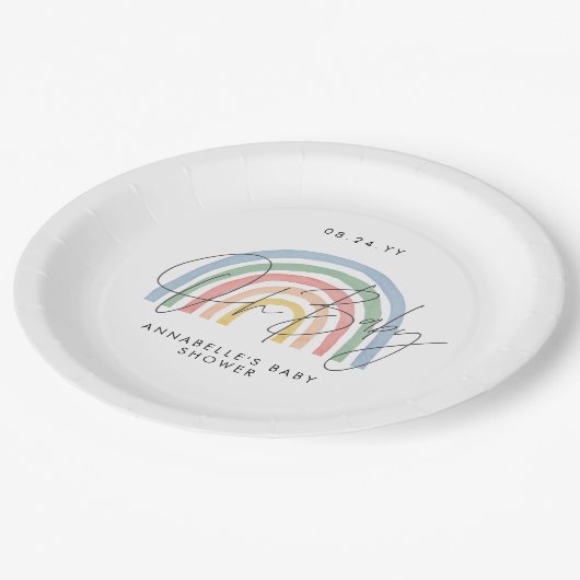 Baby Dusche Skript farbige Aquarellfarbe Regenboge Pappteller (Schrägansicht)