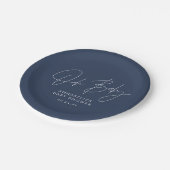 Baby Dusche Skript moderne marineblau elegant Pappteller (Schrägansicht)