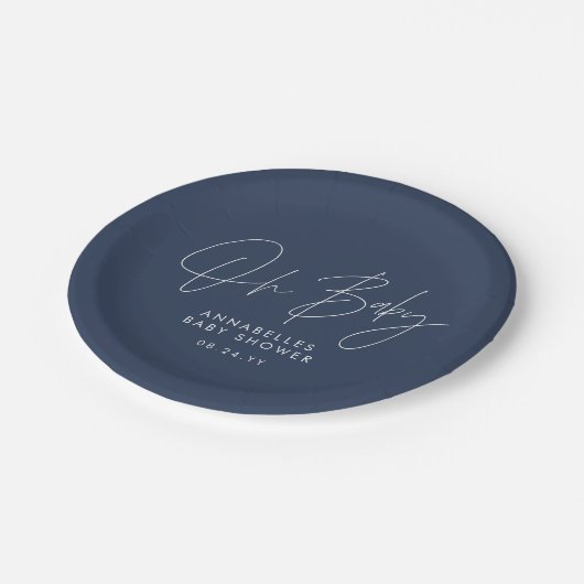 Baby Dusche Skript moderne marineblau elegant Pappteller (Schrägansicht)