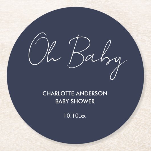 Baby Dusche Skript moderne marineblau elegant Runder Pappuntersetzer (Vorderseite)