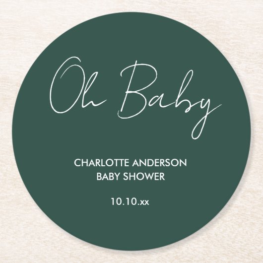 Baby Dusche Skript moderne smaragnegrün elegant Runder Pappuntersetzer (Vorderseite)