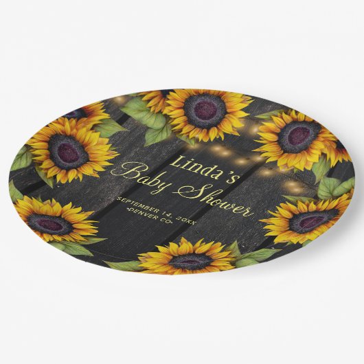 Baby Dusche Sonnenblumen rustikales Stallholz Pappteller (Schrägansicht)