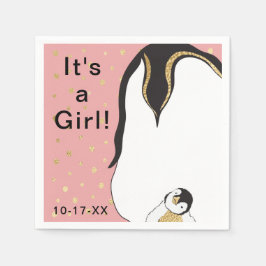 Baby Dusche Standard Napkin "Gold/Pink Penguin" Serviette