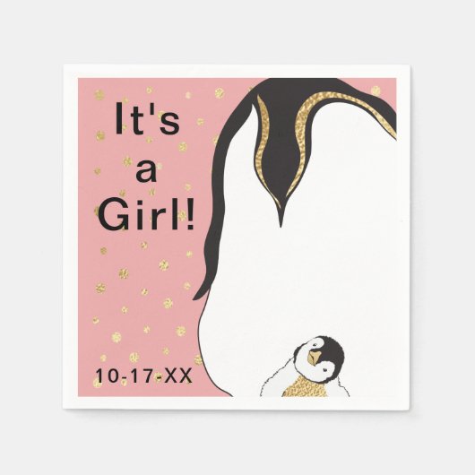 Baby Dusche Standard Napkin "Gold/Pink Penguin" Serviette (Vorderseite)