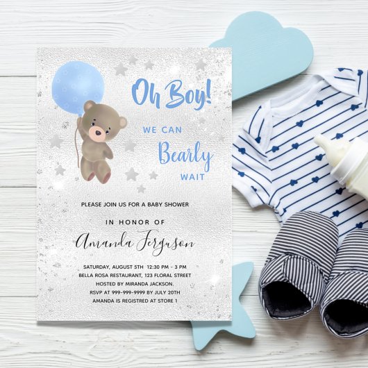 Baby Dusche Tedbear Bärenjunge Blau Silber Einladung
