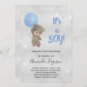 Baby Dusche Tedbear Bärenjunge Blau Silber Einladung (Vorne/Hinten)