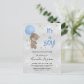 Baby Dusche Tedbear Bärenjunge Blue Silber Star Einladungspostkarte (Stehend Vorderseite)