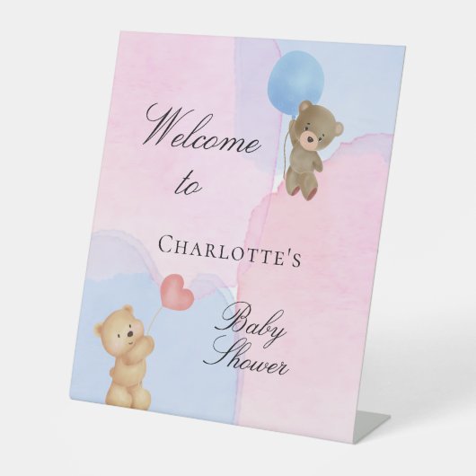 Baby Dusche Teddy Bär blau pinkfarbenes Geschlecht Sockelschild (Vorderseite)