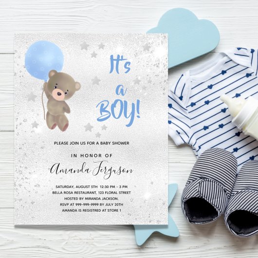 Baby Dusche Teddy Bär Junge Blue Silber Einladung