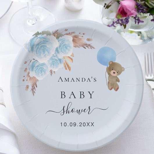 Baby Dusche Teddy Bär Pampas Gras blau Pappteller