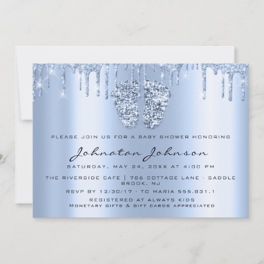 Baby Dusche Tropfen Glitzer Blue Feet Blue Boy Gir Einladung (Vorderseite)