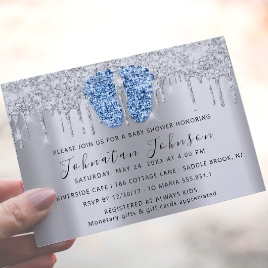Baby Dusche Tropfen Glitzer Blue Feet Gray Boy Gir Einladung