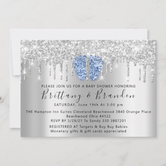 Baby Dusche Tropfen Glitzer Blue Feet Silver Einla Einladung (Vorderseite)
