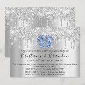 Baby Dusche Tropfen Glitzer Blue Feet Silver Einla Einladung (Vorne/Hinten)