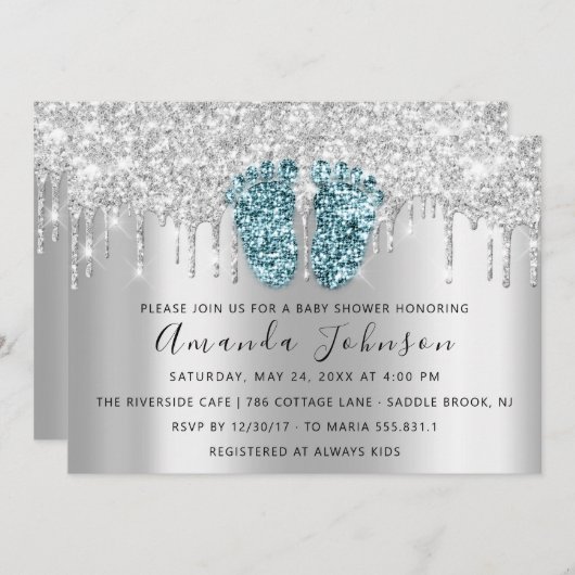 Baby Dusche Tropfen Glitzer Feet Gray Spark Boy Gi Einladung (Vorne/Hinten)