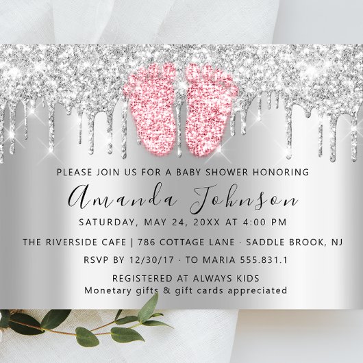Baby Dusche Tropfen Glitzer Pink Feet Gray Boy Gir Einladung