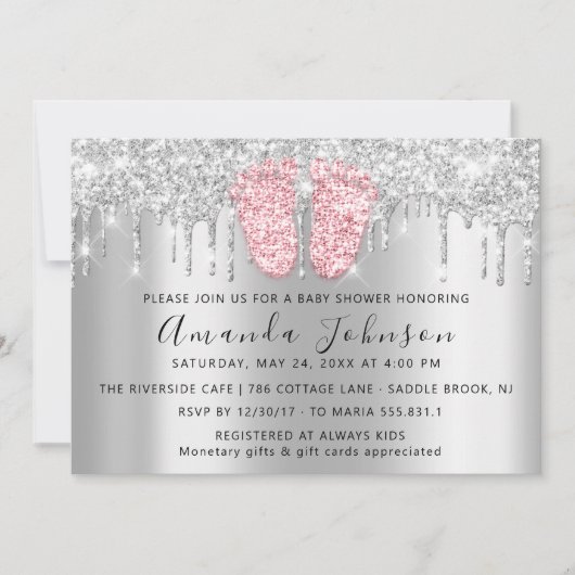 Baby Dusche Tropfen Glitzer Pink Feet Gray Boy Gir Einladung (Vorderseite)