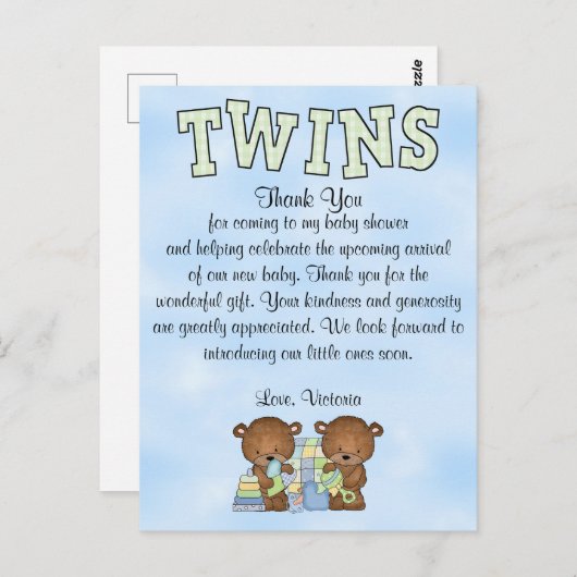 Baby Dusche Twin Boys Teddy Bear Postkarte (Vorne/Hinten)