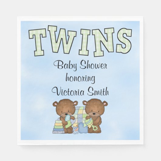 Baby Dusche Twin Boys Teddy Bear Serviette (Vorderseite)