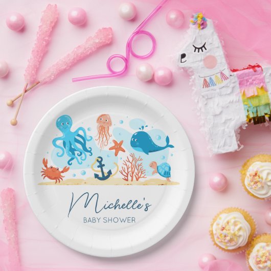Baby-Dusche unter der Meerestierdusche Pappteller (Party)