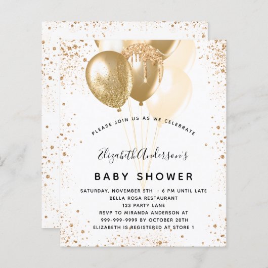 Baby Dusche Weißgoldballons Budget Einladung (Vorne/Hinten)