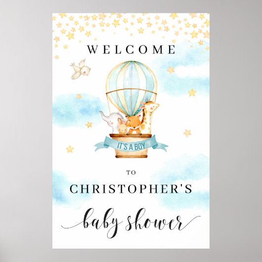 Baby Dusche Willkommensschild Heißluftballon Tiere Poster (Vorne)
