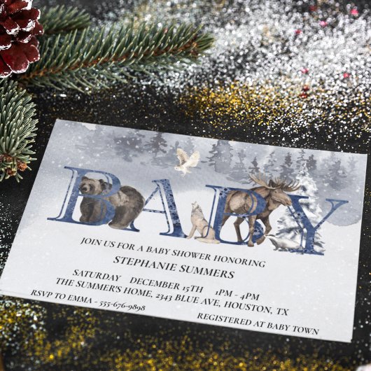 Baby Dusche Woodland Bear Winter Watercolor Einladung