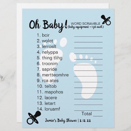 Baby Dusche Word Scramble Blue (Vorne/Hinten)
