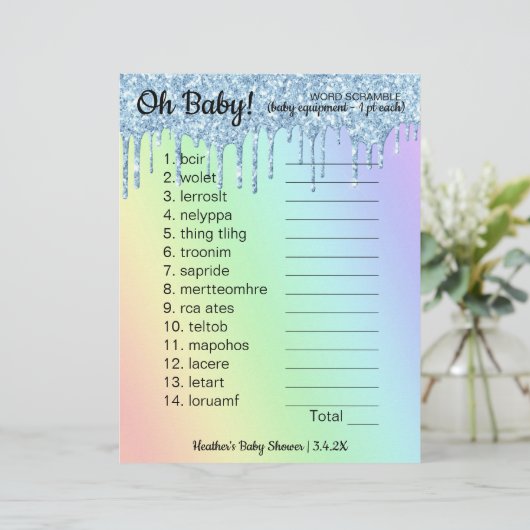 Baby Dusche Word Scramble Game Glitzer Ombre (Stehend Vorderseite)