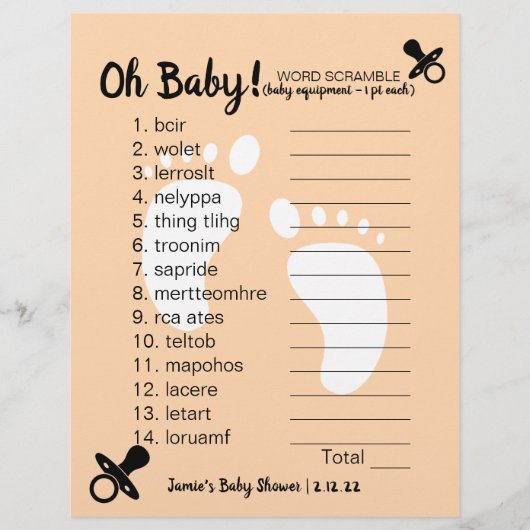 Baby Dusche Word Scramble Peach (Vorderseite)