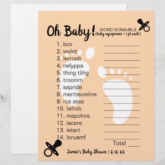 Baby Dusche Word Scramble Peach (Vorne/Hinten)