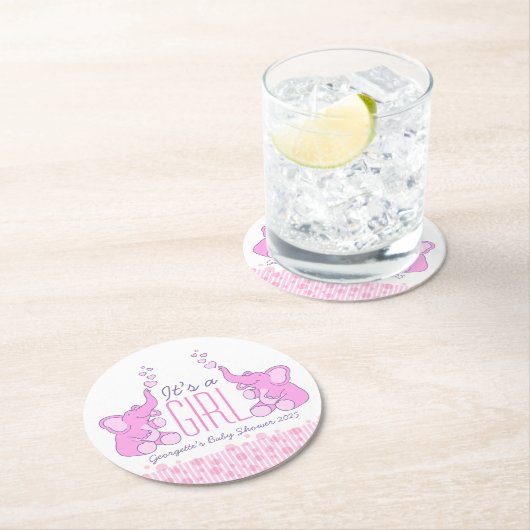 Baby Dusche zwei Elefanten es ist ein Mädchen Unte Runder Pappuntersetzer (Vor Ort)