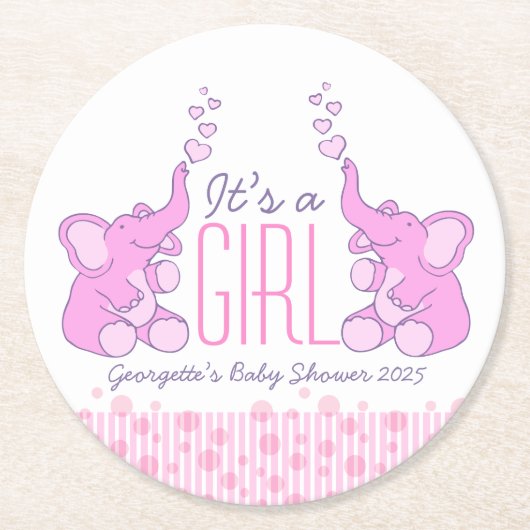 Baby Dusche zwei Elefanten es ist ein Mädchen Unte Runder Pappuntersetzer (Vorderseite)