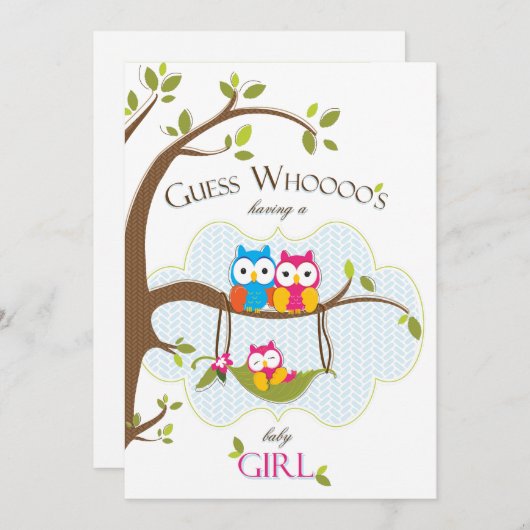 Baby-Duschen-Einladung - Eulen-Familie Einladung (Vorne/Hinten)