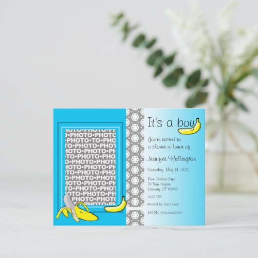 Baby-Duschen-Einladungs-Bananen-Junge addieren Einladung (Stehend Vorderseite)
