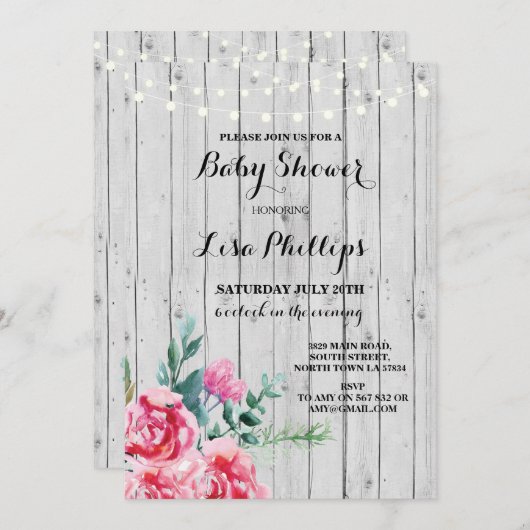 Baby-Duschen-Party-rustikales rosa Blumenholz lädt Einladung (Vorne/Hinten)