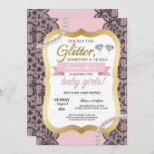 Baby-Duschen-Rosa-Glitzer-Bogen paart Mädchen Einladung (Vorne/Hinten)