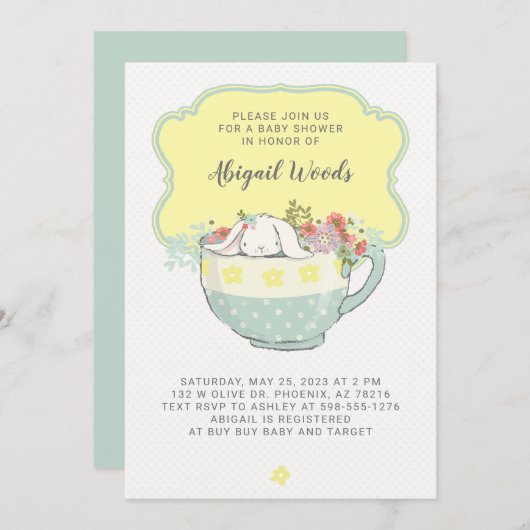 Baby-Duschen-Tee-Party-Weiß-Kaninchen Einladung (Vorne/Hinten)