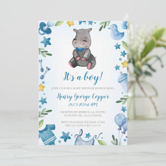 Baby Duschjunge | Einladung | Hippo (Stehend Vorderseite)