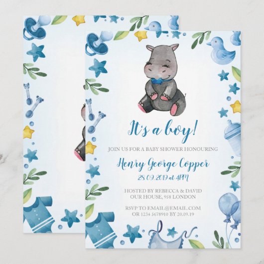 Baby Duschjunge | Einladung | Hippo (Vorne/Hinten)