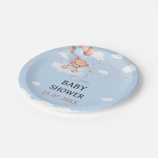 Baby Duschjunge hellblauer Teddybär Pappteller (Schrägansicht)