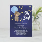 Baby Duschjunge Teddy Bär blaue Sterne Einladung (Stehend Vorderseite)