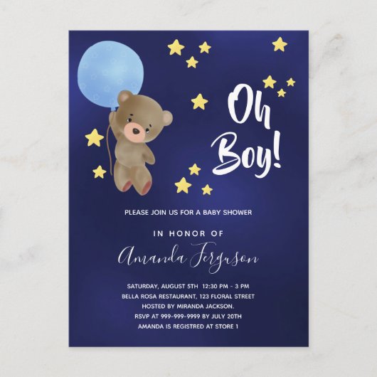 Baby Duschjunge Teddy Bär blaue Sterne Einladungspostkarte (Vorderseite)