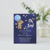 Baby Duschjunge Teddy Bär blaue Sterne Einladungspostkarte (Stehend Vorderseite)