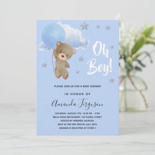 Baby Duschjunge Teddybär blaue Sterne Luxus Einladung (Stehend Vorderseite)