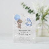 Baby Duschjunge Teddybär blauer Silberstar Einladungspostkarte (Stehend Vorderseite)