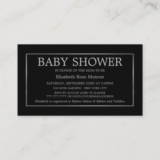 Baby-Duschkarte für Modern & Sleek, Black & Silver Visitenkarte (Vorderseite)