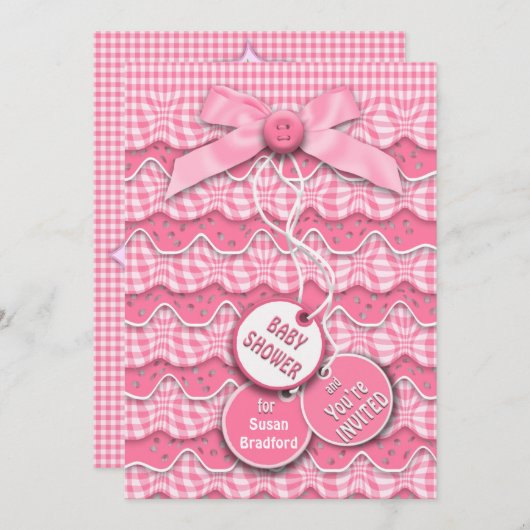 Baby-Duschknöpfe und Bows-Layers Pink Ruffles Einladung (Vorne/Hinten)