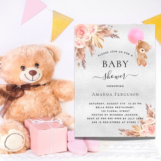 Baby Duschmädchen Pampas Gras Teddy Bär Silber Einladung